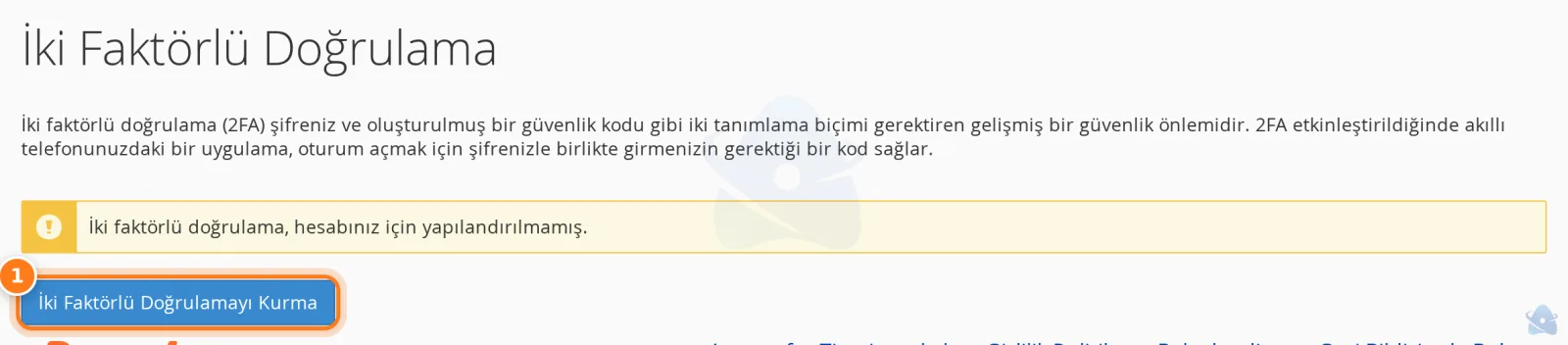 İki faktörlü doğrulama sayfası: kurulum düğmesi