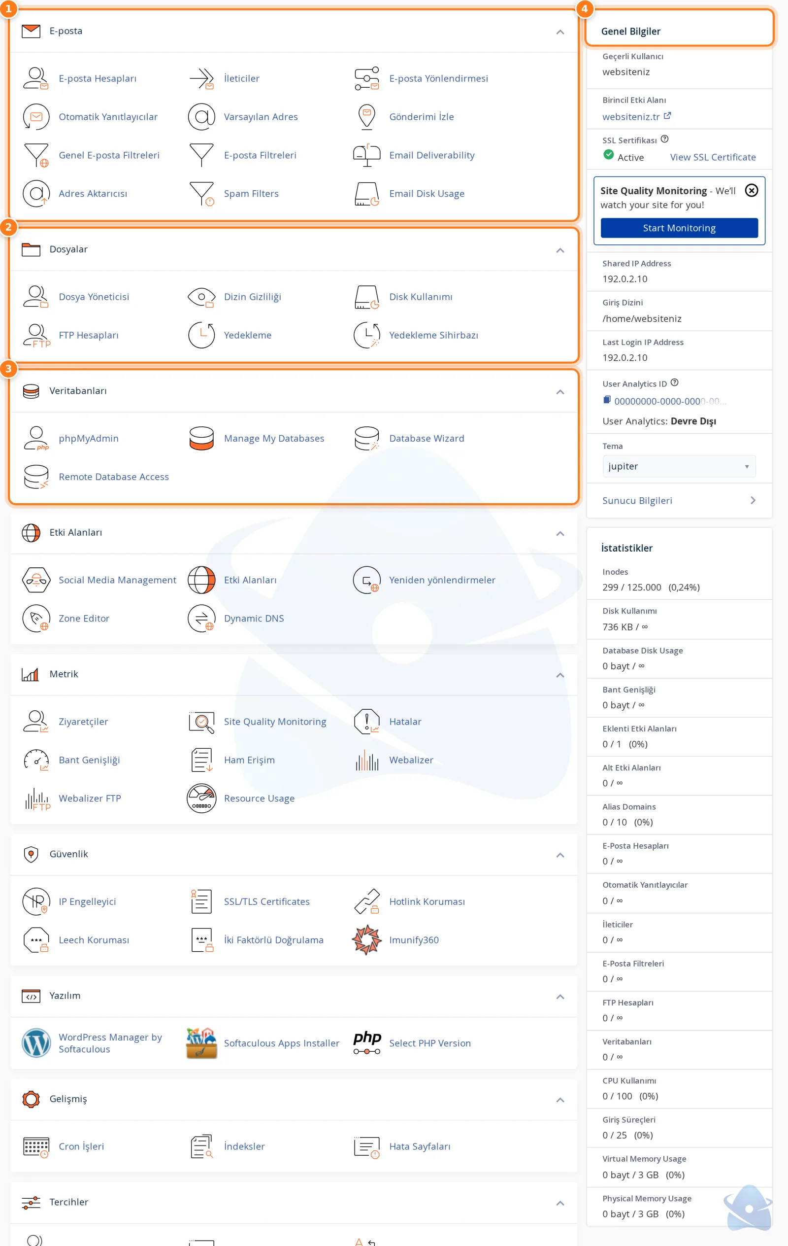cPanel ana ekranı: e-posta, dosyalar ve veritabanları bölümleri ile genel bilgiler sütunu