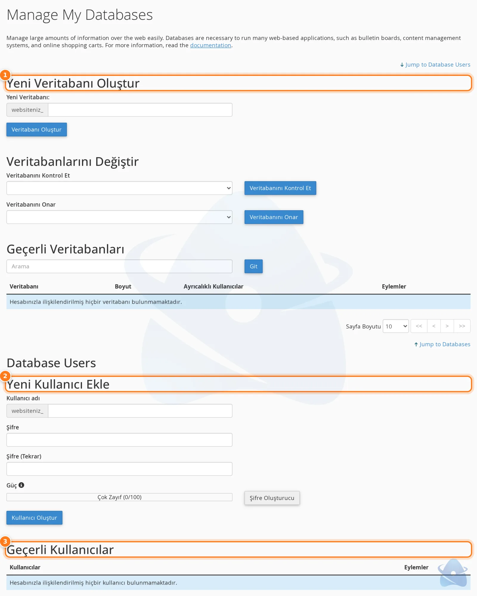 Manage My Databases: yeni veritabanı, yeni kullanıcı ve geçerli kullanıcılar