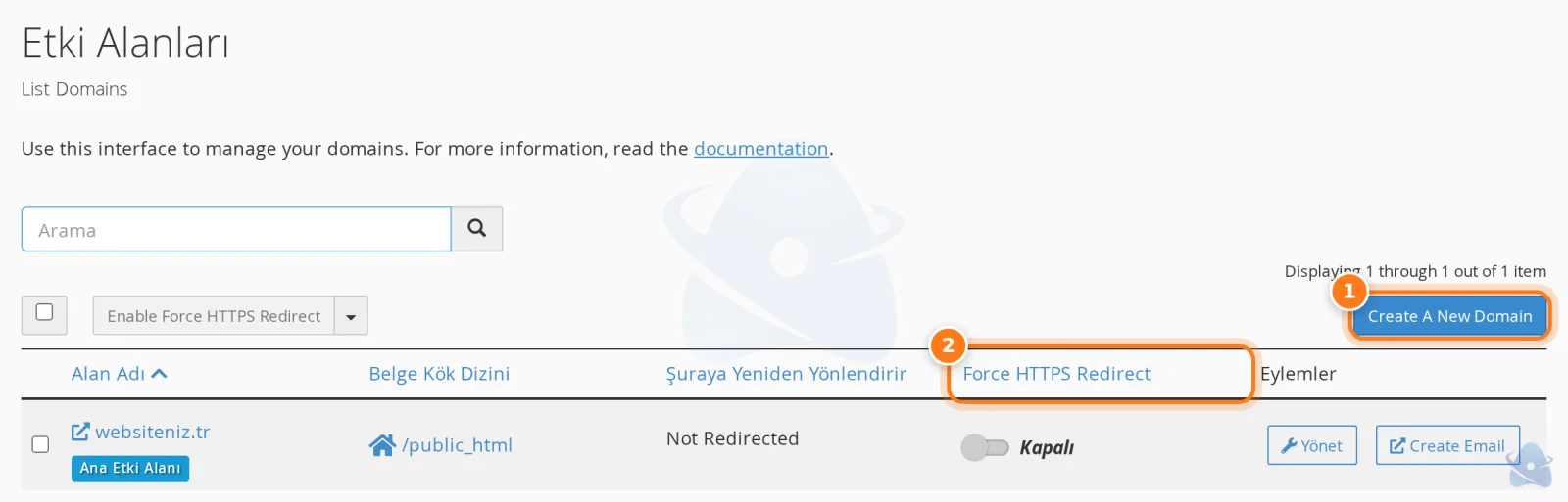 Etki Alanları sayfası: alan adı listesi ve Force HTTPS Redirect anahtarı
