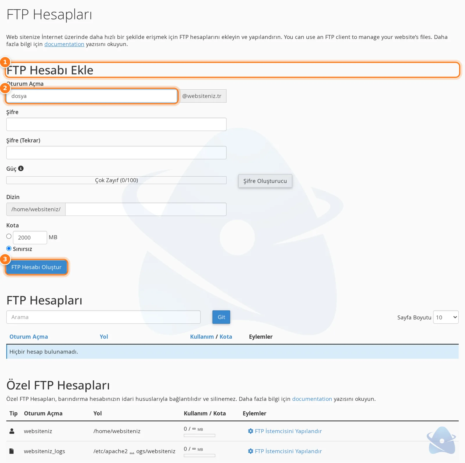 FTP Hesapları sayfası: FTP hesabı ekleme formu ve hesap listesi