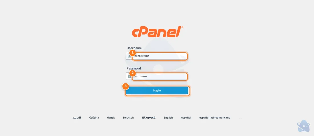 cPanel giriş ekranı: kullanıcı adı, şifre ve Log in düğmesi