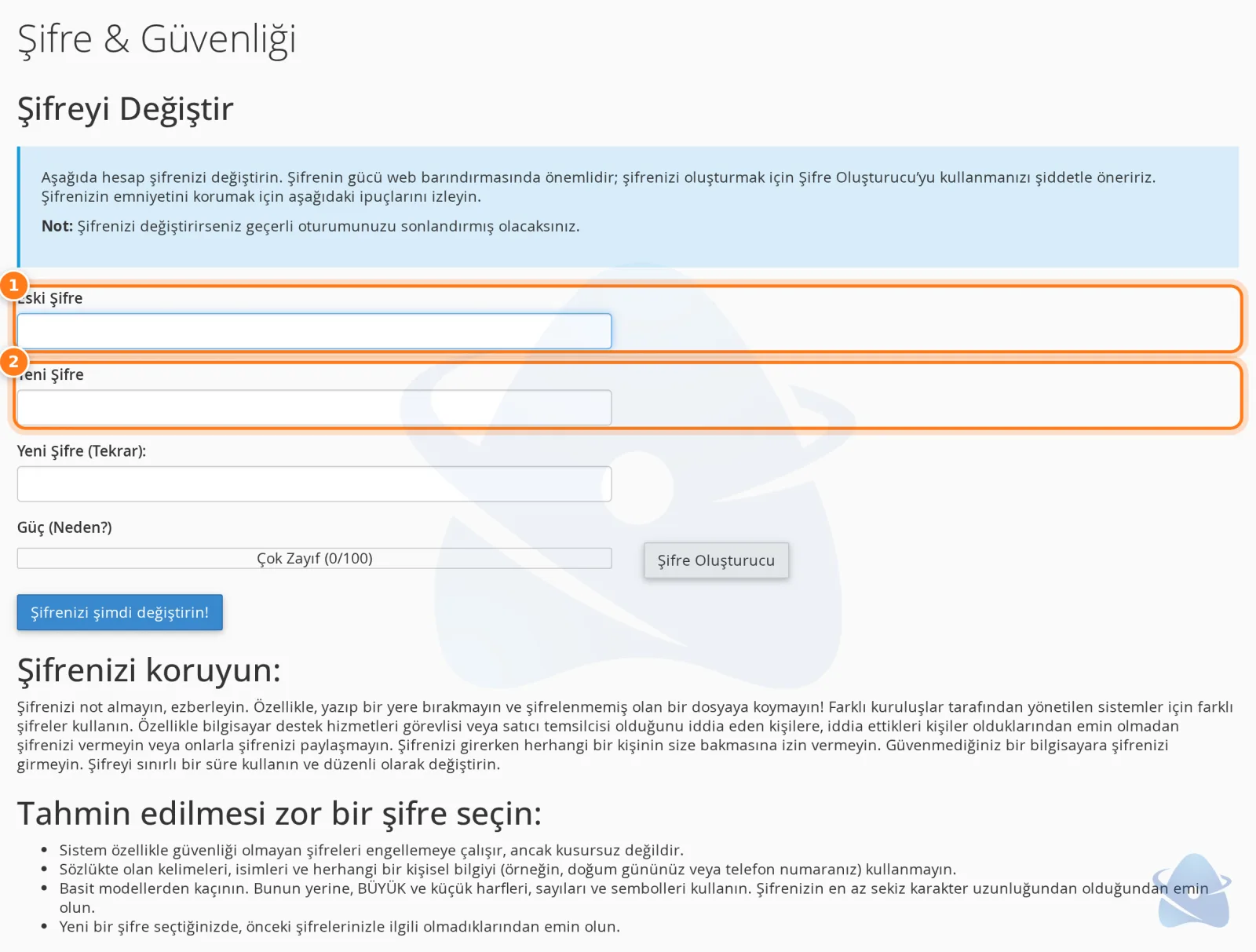 Şifre ve Güvenliği sayfası: eski şifre ve yeni şifre alanları