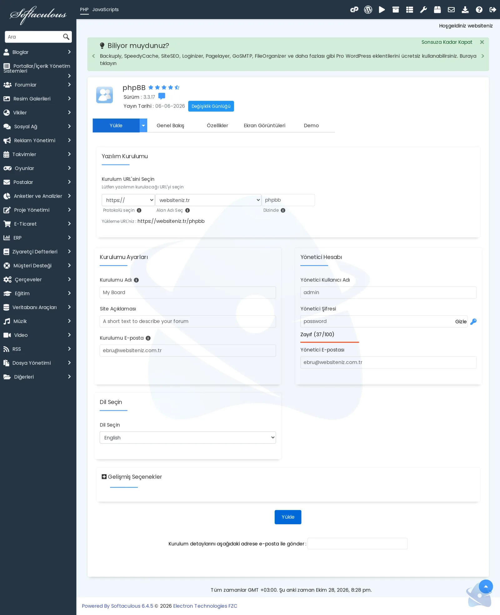 Softaculous phpBB kurulum formu