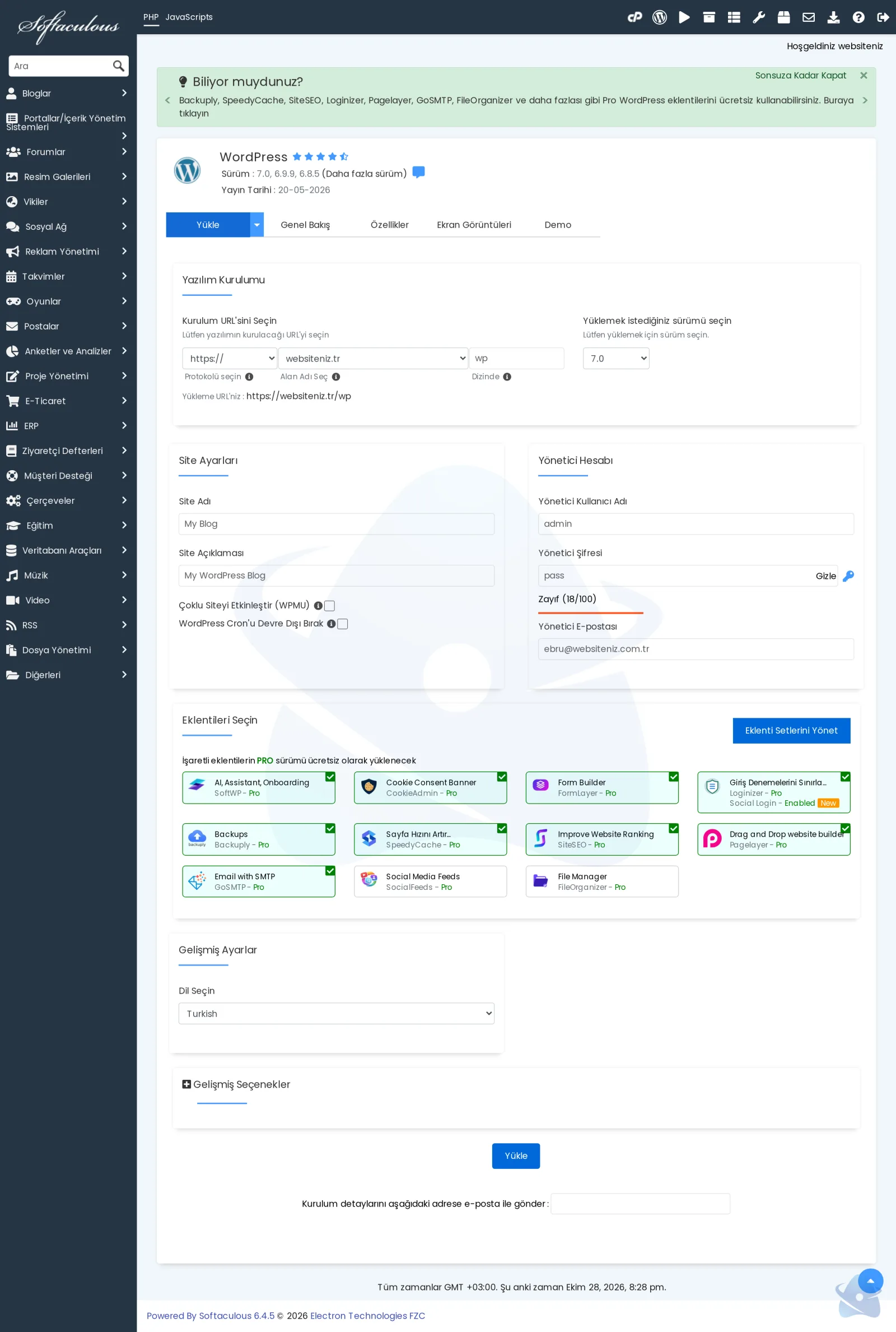Softaculous WordPress kurulum formu: kurulum adresi, site ayarları ve yönetici hesabı