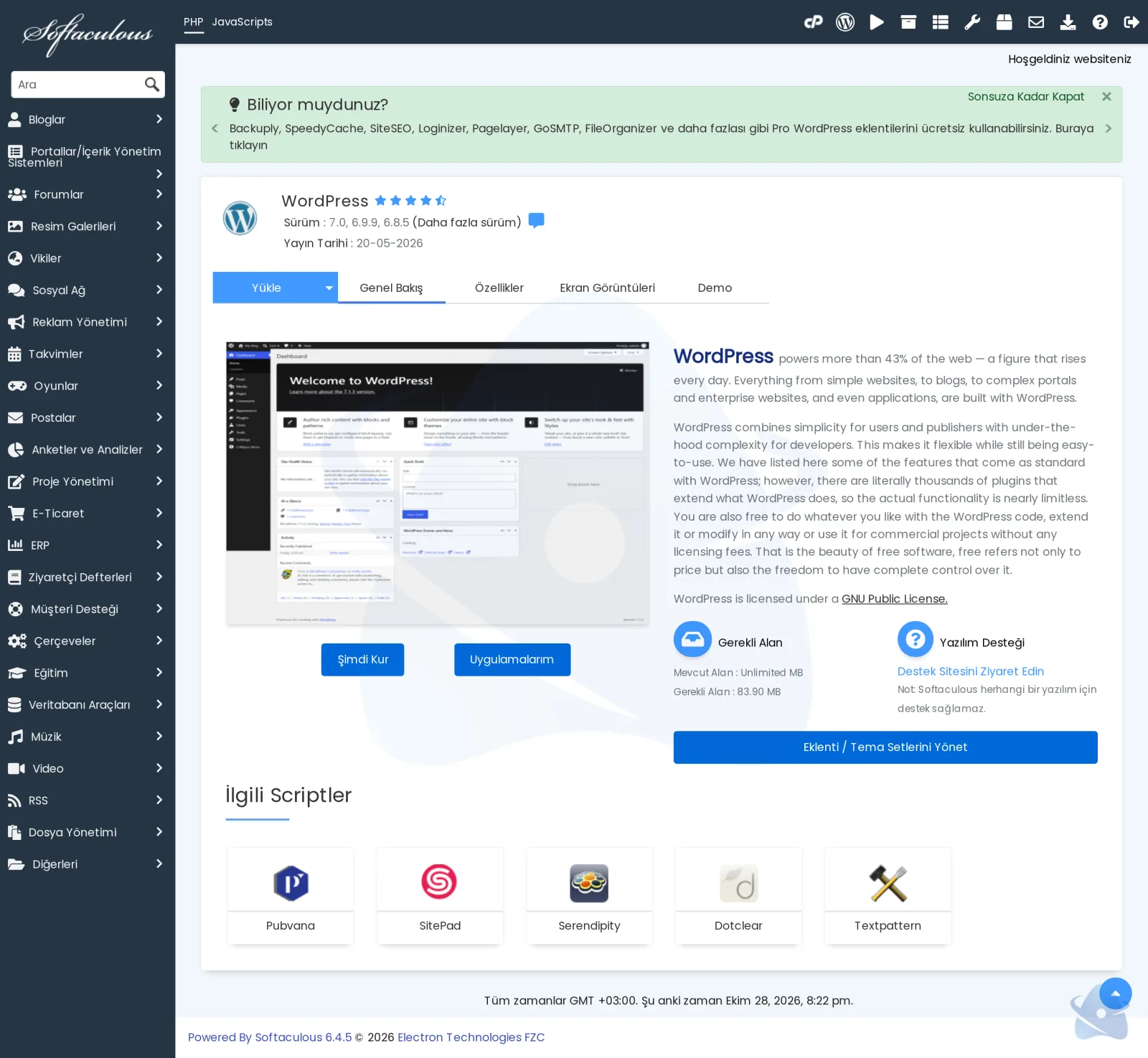 Softaculous WordPress sayfası: tanıtım ve kurulum düğmesi