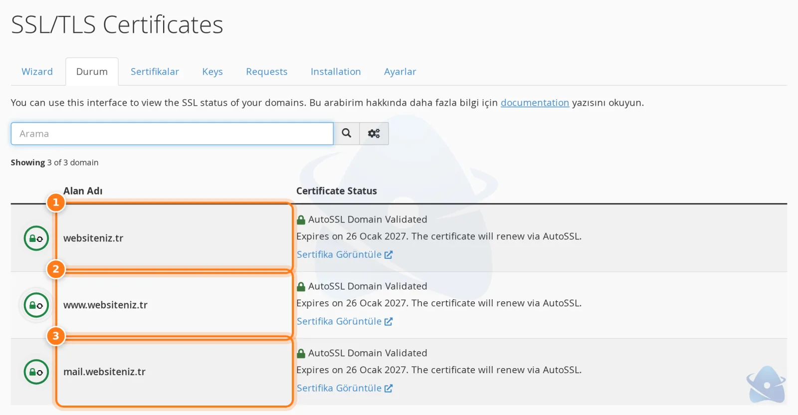 SSL/TLS Durum sayfası: her alan adı için AutoSSL sertifikası ve bitiş tarihi