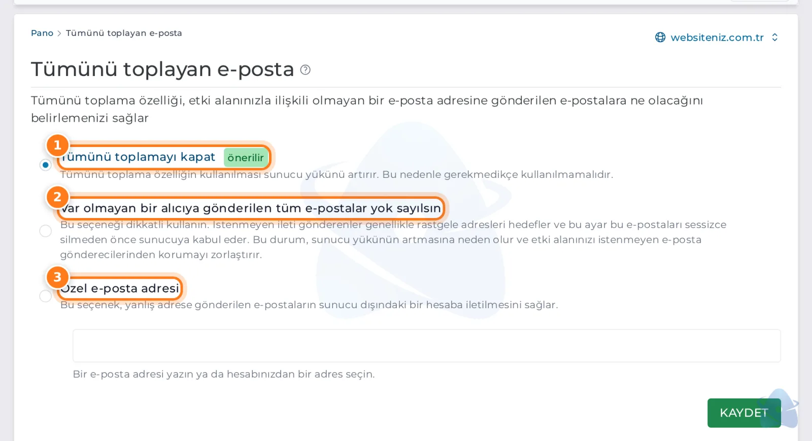 Tümünü toplayan e-posta ayarı: kapat, yok say ya da özel adrese gönder
