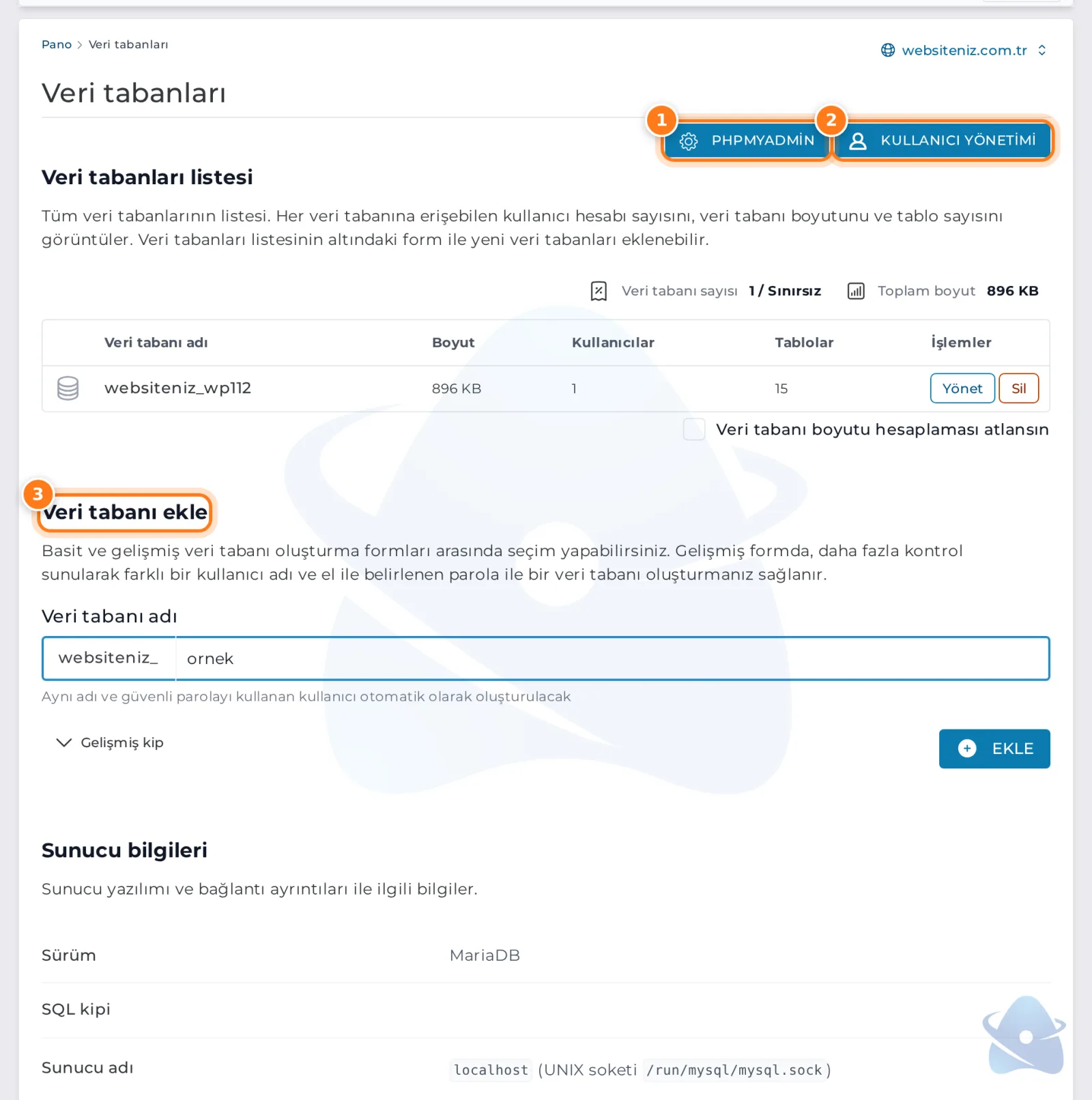 Veri tabanları sayfası: phpMyAdmin, kullanıcı yönetimi ve veri tabanı ekle formu