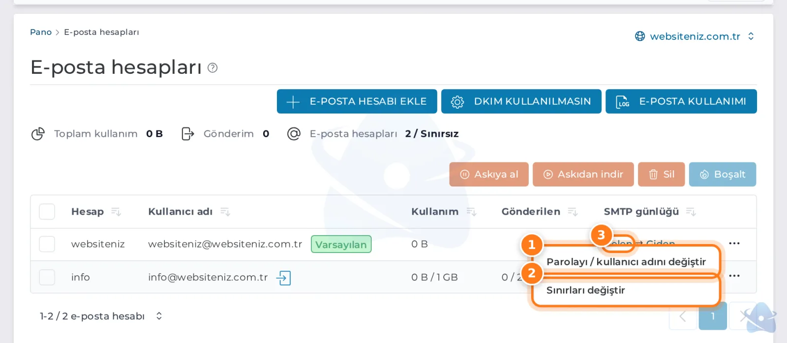 Hesap satırındaki menü: parola / kullanıcı adı değiştir ve sınırları değiştir