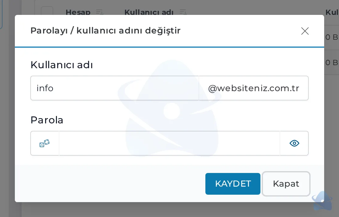 Parolayı / kullanıcı adını değiştir penceresi