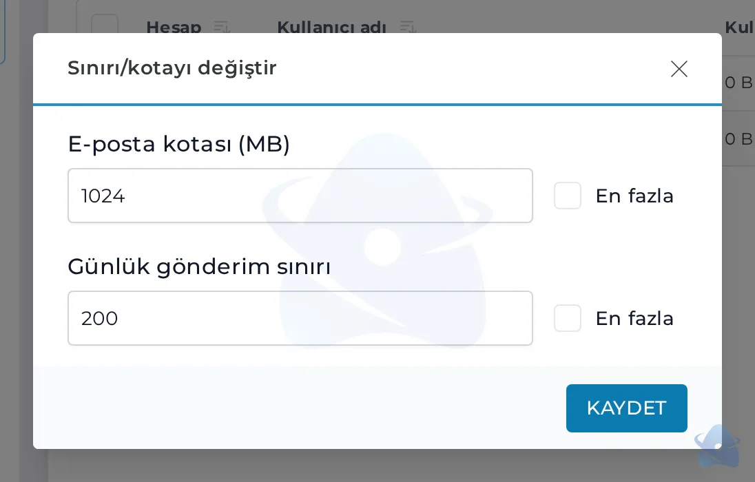 Sınırı / kotayı değiştir penceresi: e-posta kotası ve günlük gönderim sınırı