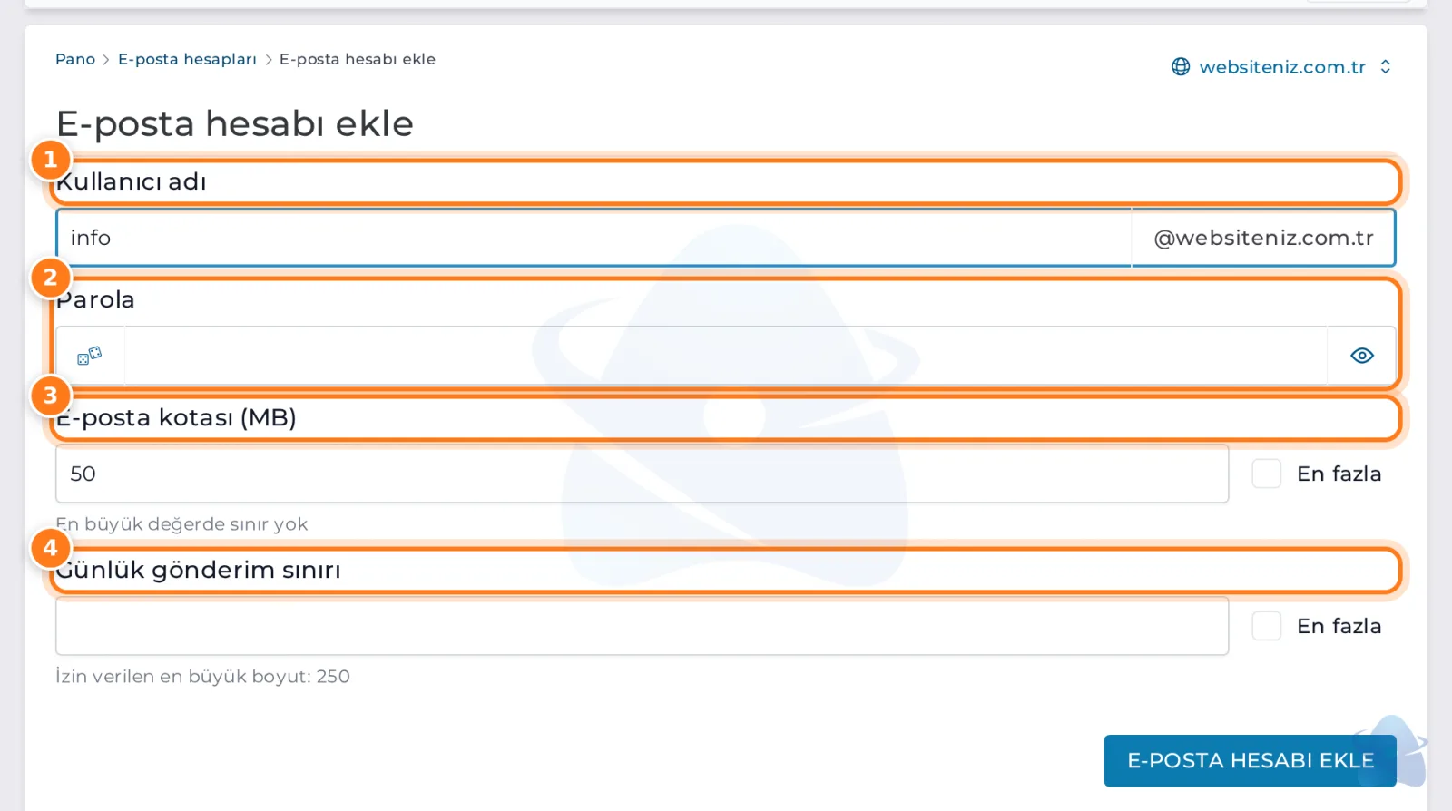 E-posta hesabı ekle formu: kullanıcı adı, parola, kota ve günlük gönderim sınırı