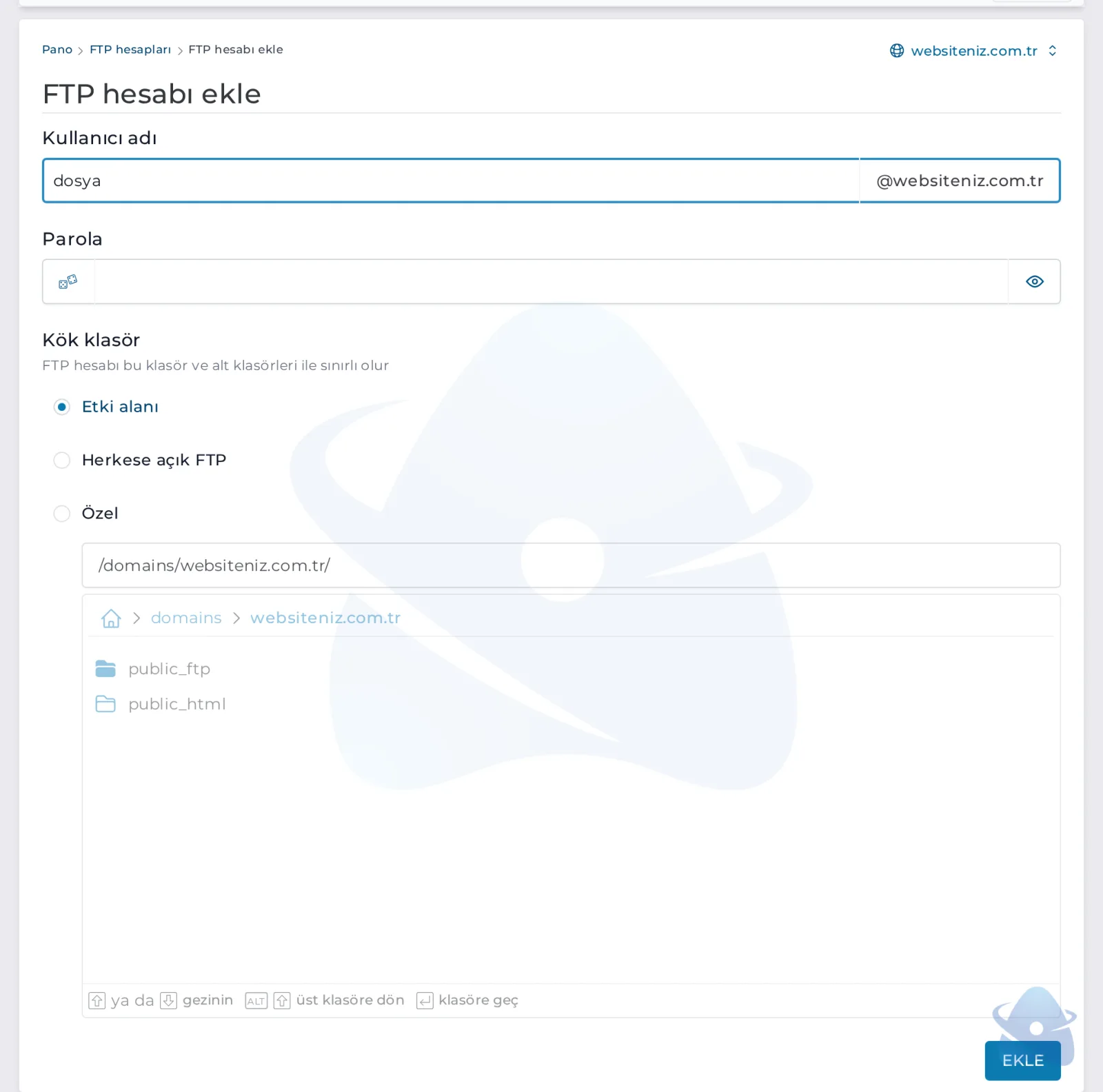 FTP hesabı ekle formu: kullanıcı adı, parola ve kök klasör
