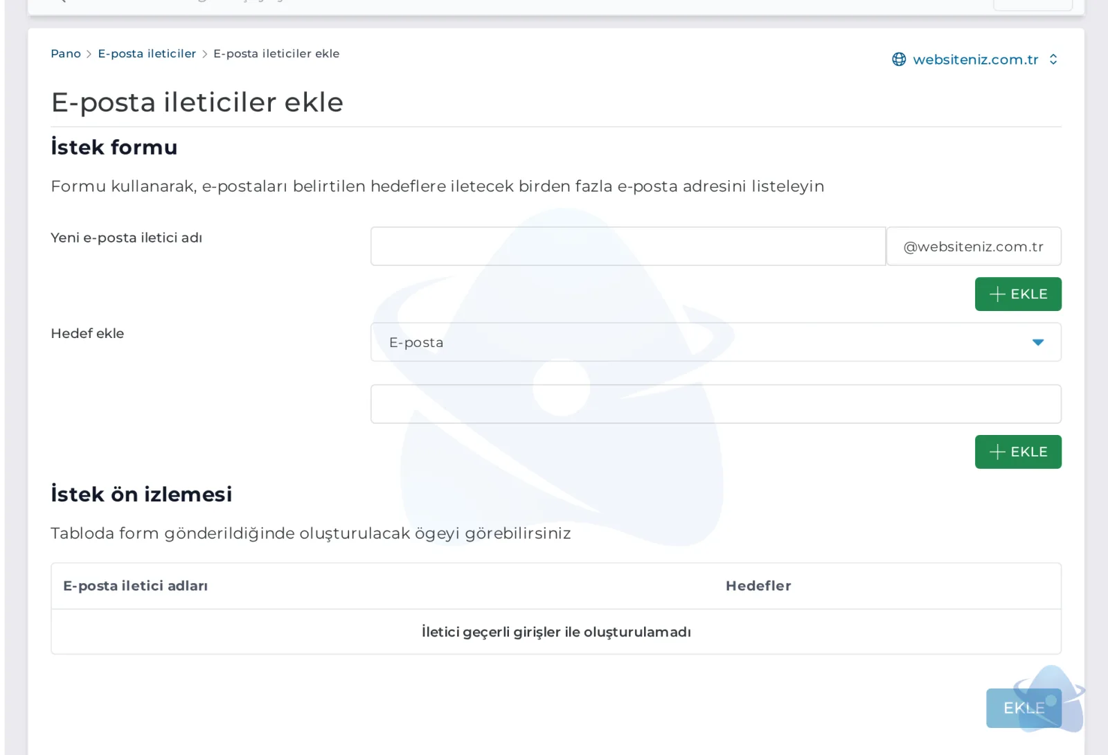 E-posta iletici ekleme formu: yeni iletici adı ve hedef adresler