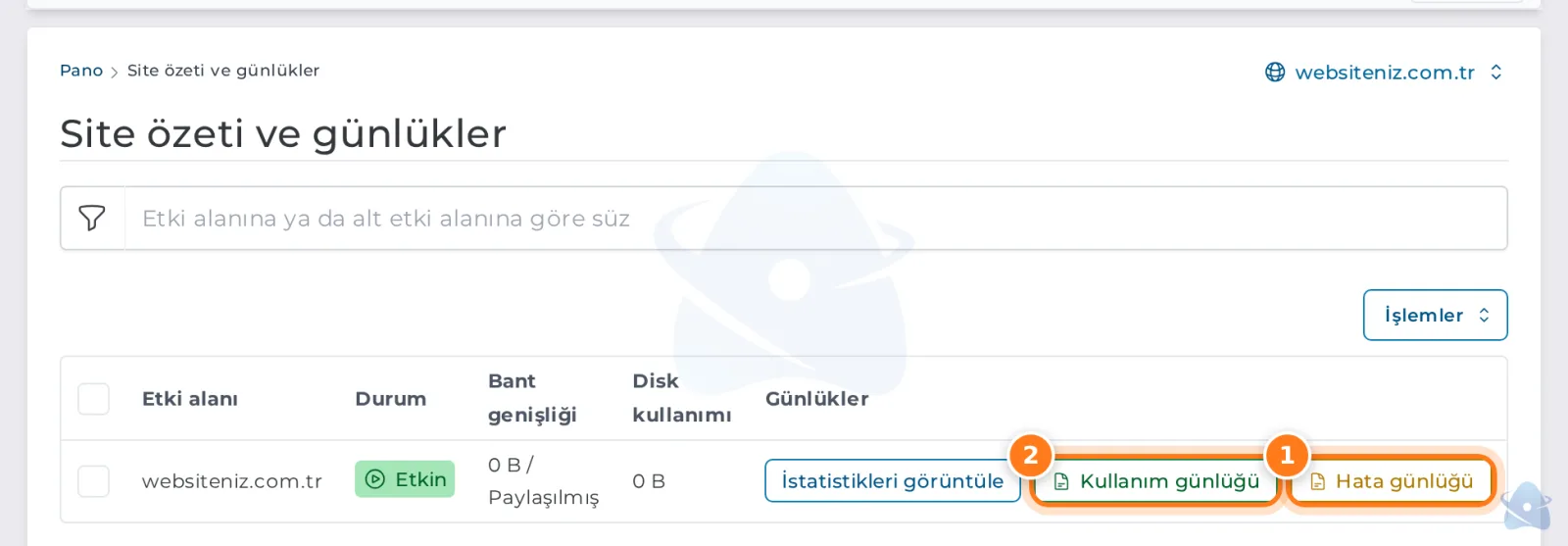 Site özeti ve günlükler: kullanım günlüğü ve hata günlüğü
