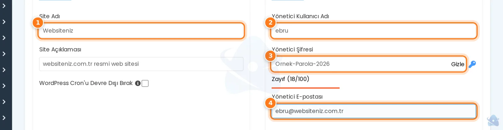 Site Adı, Site Açıklaması, yönetici kullanıcı adı, şifre ve e-posta alanları