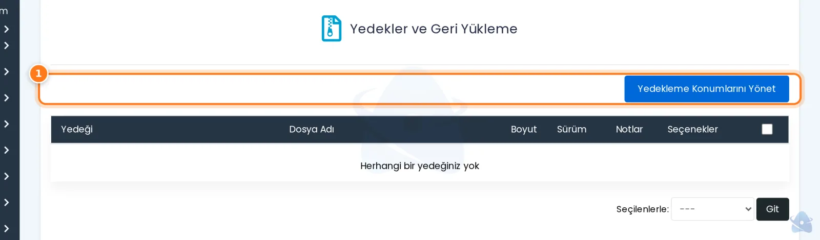 Yedekler ve Geri Yükleme sayfası