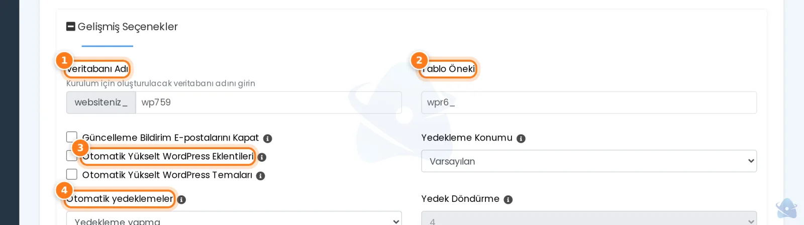 Gelişmiş seçenekler: veritabanı adı, tablo öneki, otomatik güncelleme ve otomatik yedek