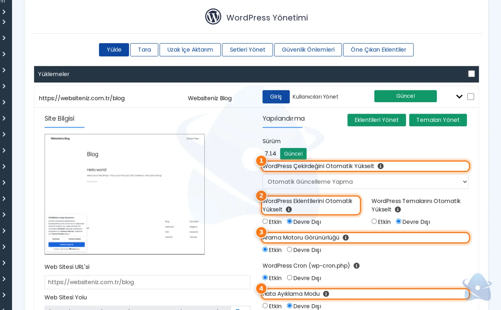 WordPress Yönetimi: site bilgisi ve yapılandırma ayarları