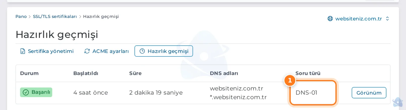 Hazırlık geçmişi: başarılı DNS-01 doğrulaması