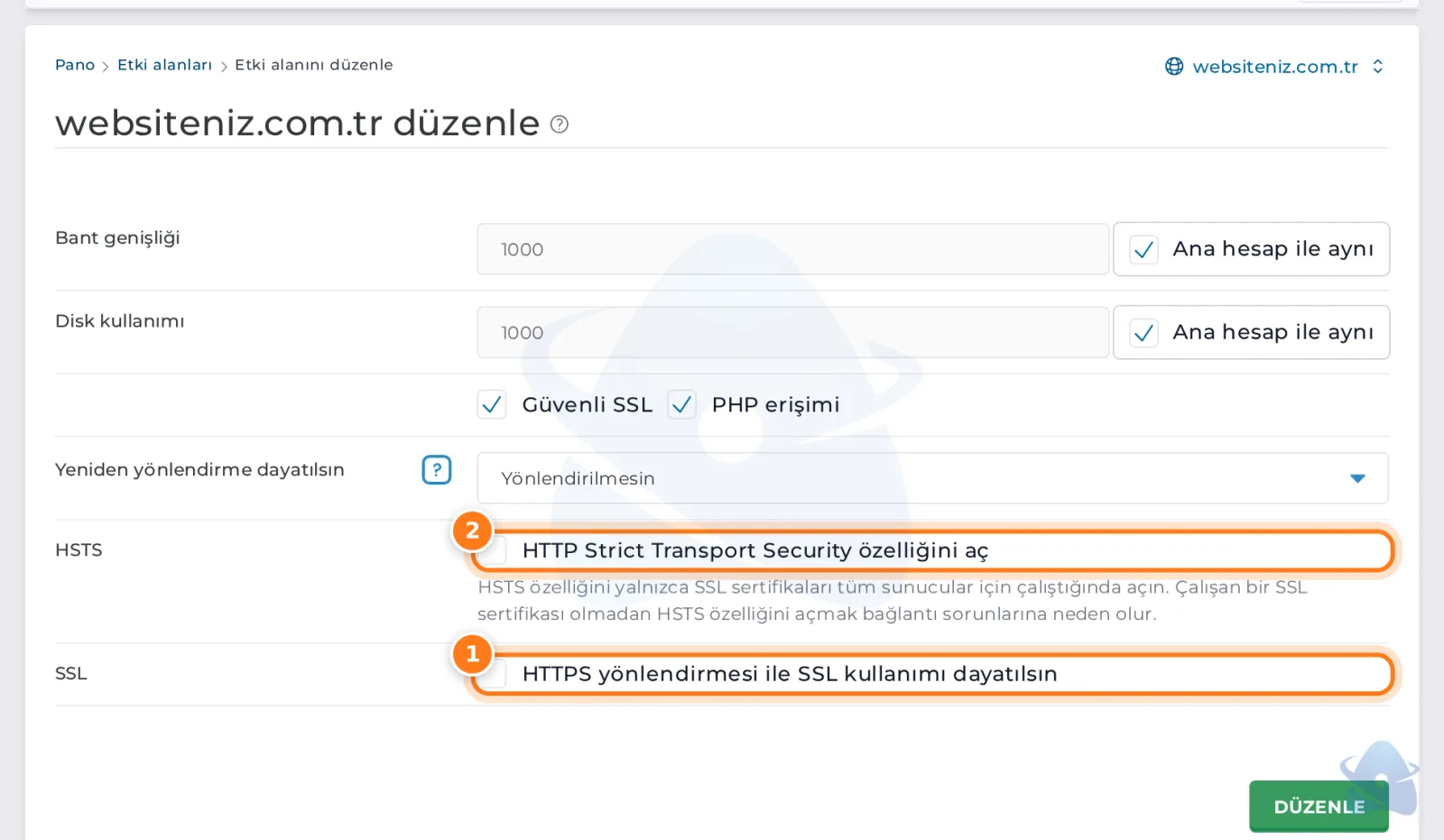 Etki alanı düzenleme: HTTPS yönlendirmesi ve HSTS seçenekleri