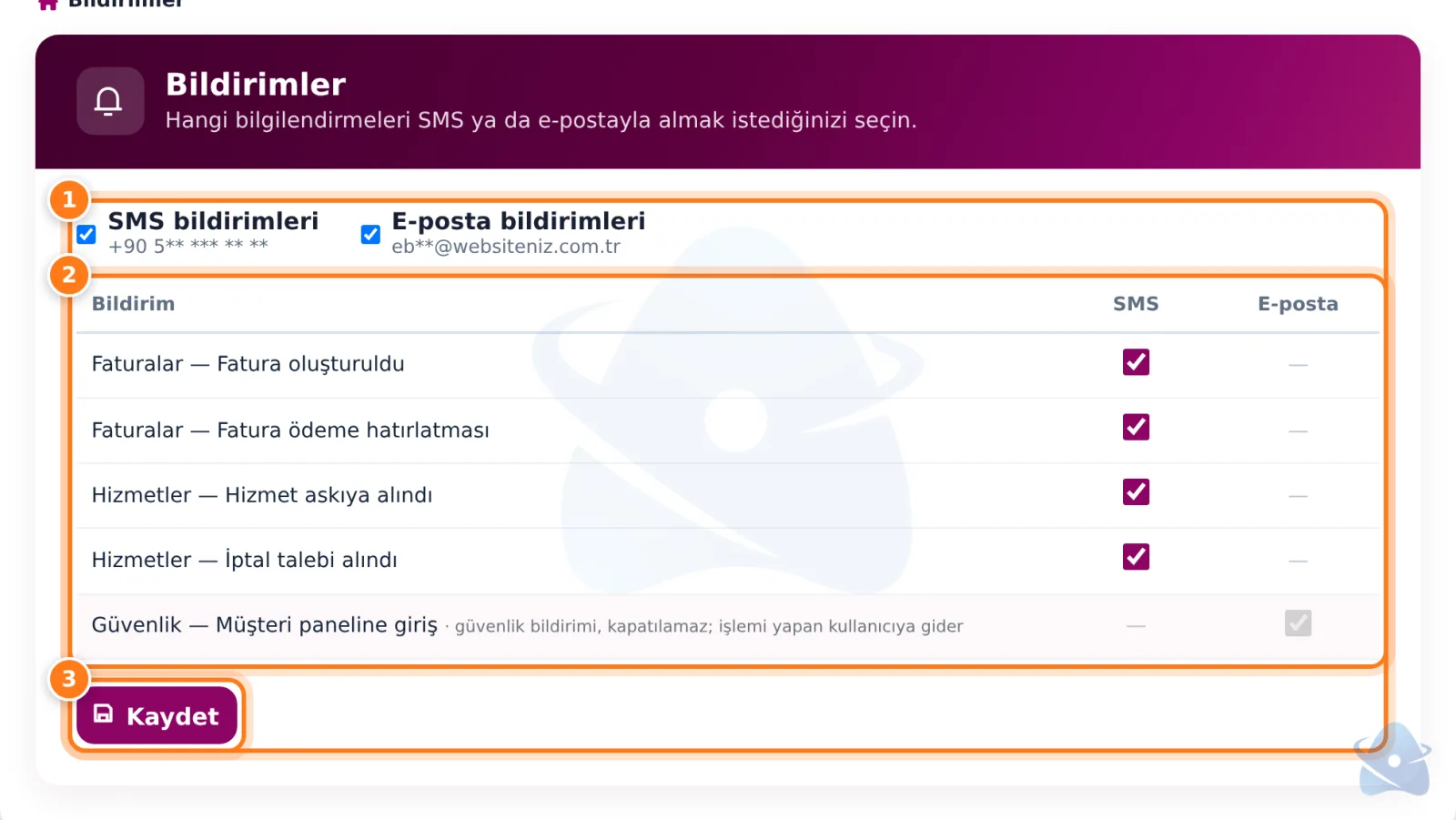Bildirimler sayfası: SMS ve e-posta kanalları, bildirim tablosu ve Kaydet