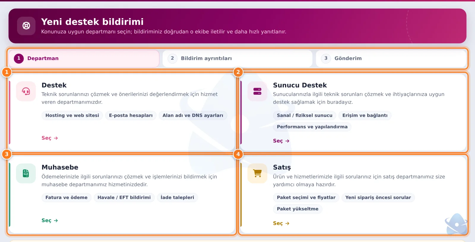 Yeni destek bildirimi: Destek, Sunucu Destek, Muhasebe ve Satış departmanları