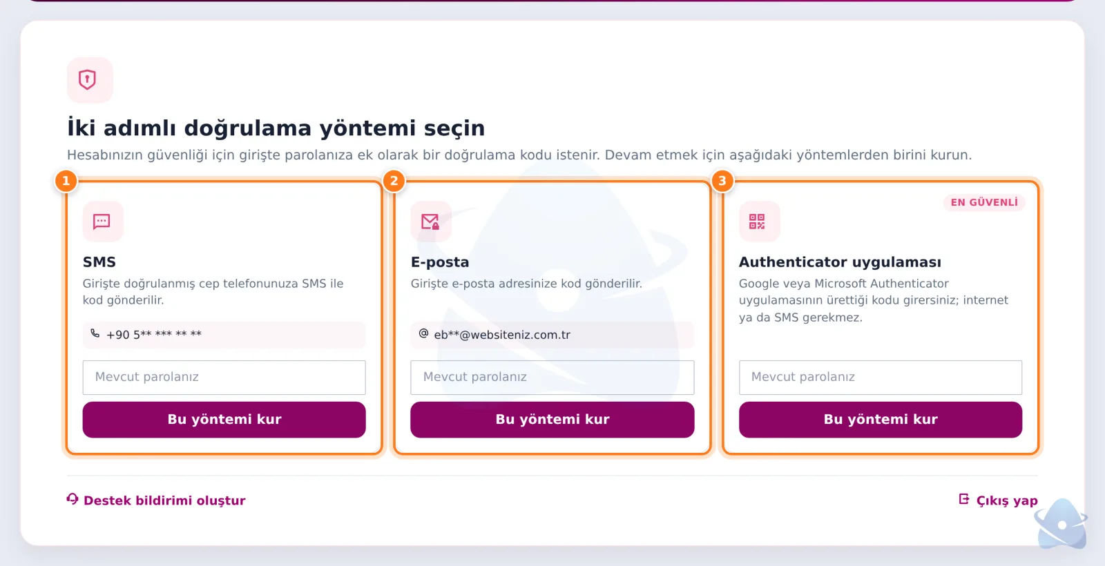 İki adımlı doğrulama yöntemi seçimi: SMS, E-posta ve Authenticator uygulaması