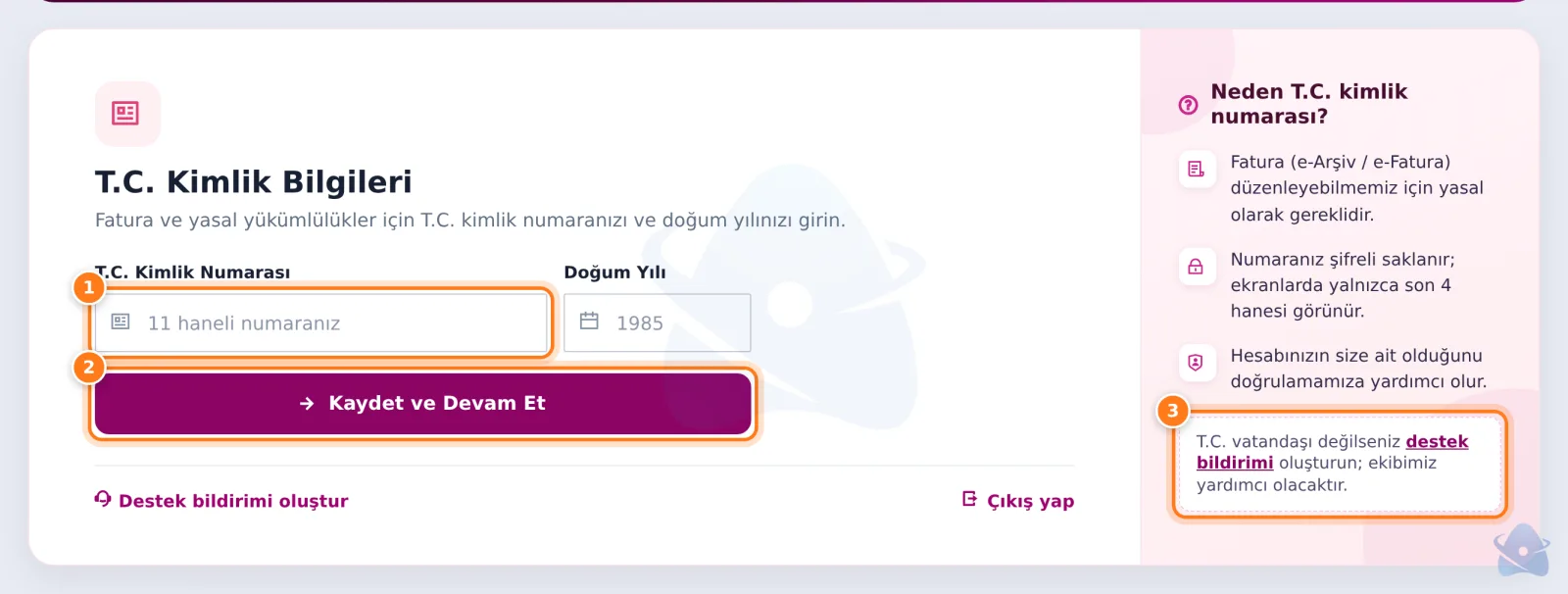 T.C. Kimlik Bilgileri adımı: kimlik numarası, doğum yılı ve Kaydet ve Devam Et