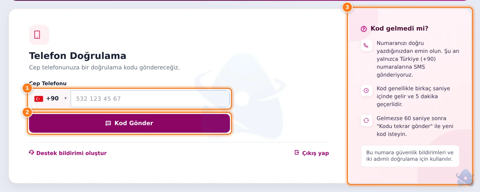 Telefon Doğrulama adımı: cep telefonu ve Kod Gönder