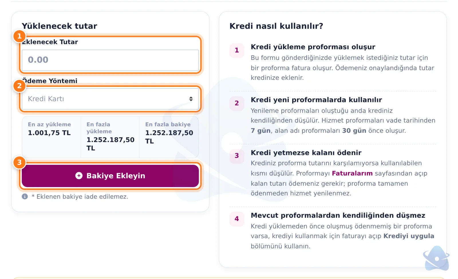 Kredi yükleme formu: tutar, ödeme yöntemi ve Bakiye Ekleyin düğmesi