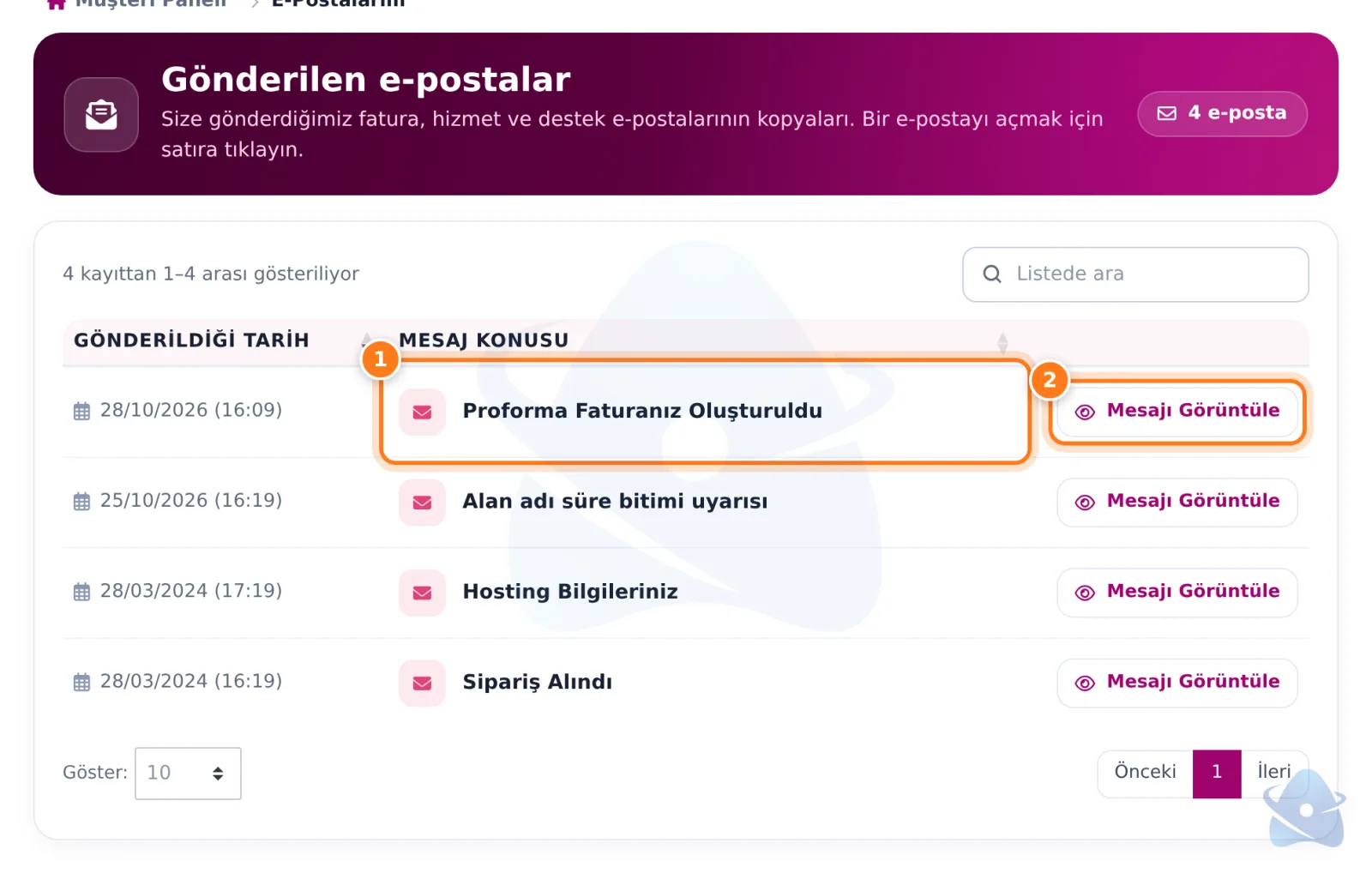 Gönderilen e-postalar listesi: tarih, konu ve Mesajı Görüntüle